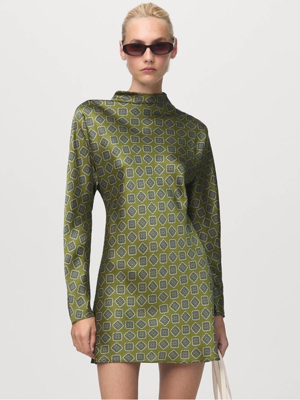 Mango Satin Printed Dress With Perkins Collar - Green NWT